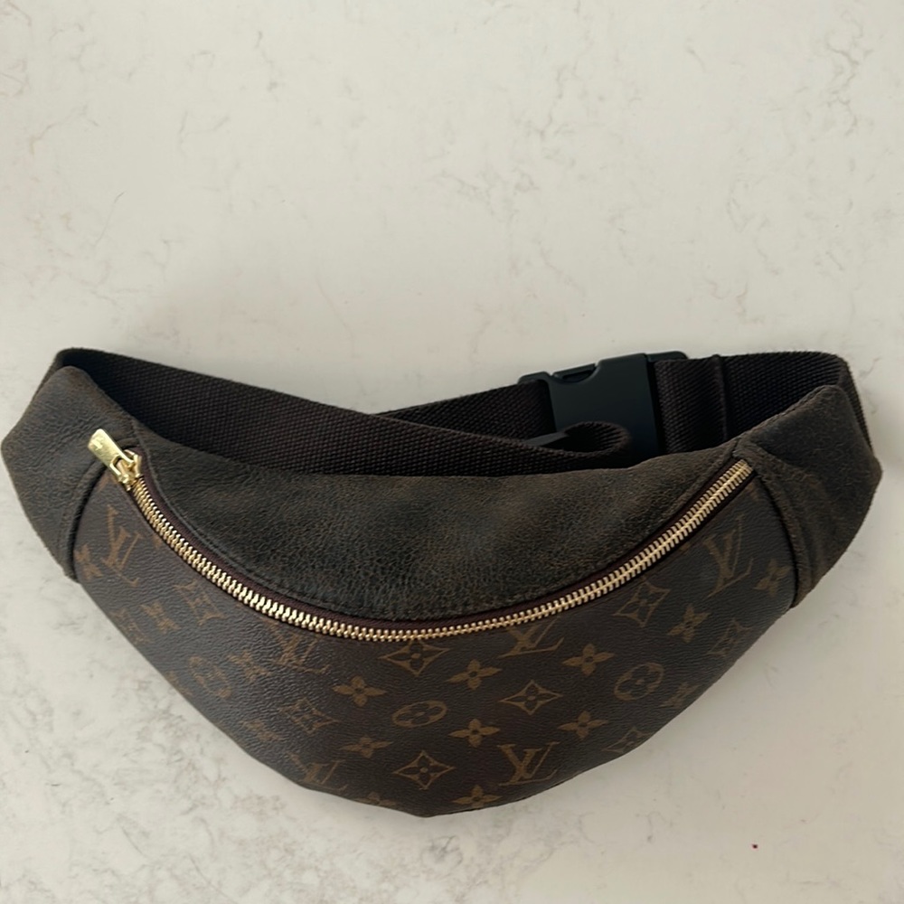 Repurposed Authentic Louis Vuitton Material with Lambskin Leather Belt Bag